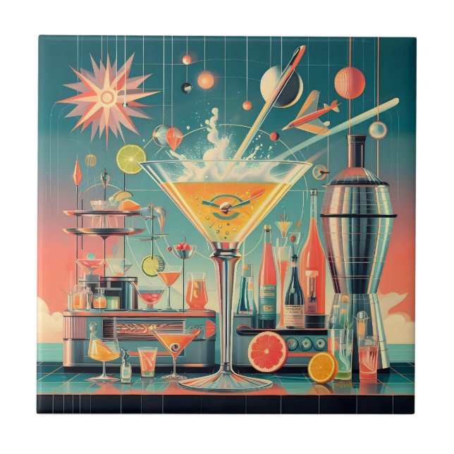 Mid Century Atomic Futuristiska Citrus Martini Pub Kakelplatta (Framsidan)