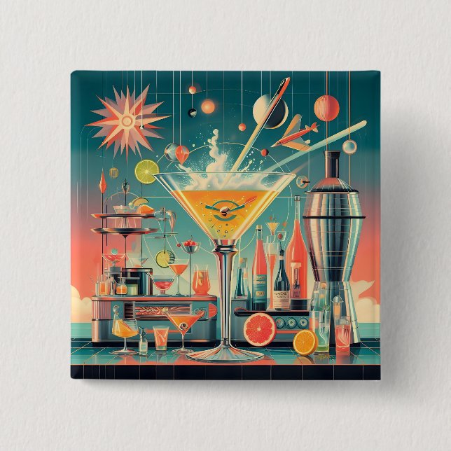 Mid Century Atomic Futuristiska Citrus Martini Pub Knapp (Framsida)