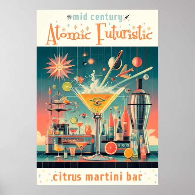 Mid Century Atomic Futuristiska Citrus Martini Pub Poster (Framsidan)