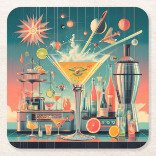 Mid Century Atomic Futuristiska Citrus Martini Pub Underlägg Papper Kvadrat