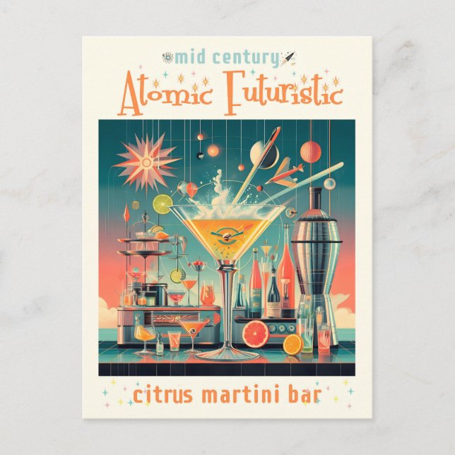 Mid Century Atomic Futuristiska Citrus Martini Pub Vykort (Framsida)