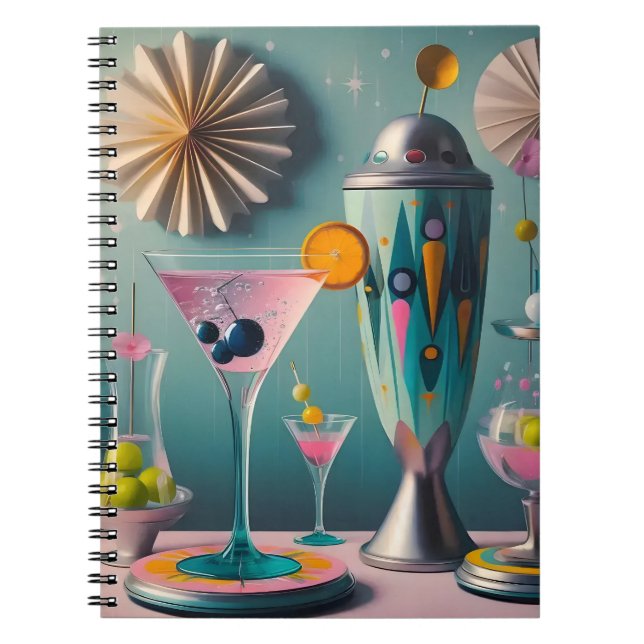 Mid Century Atomic Futuristiska Cocktail Time Anteckningsbok (Framsidan)