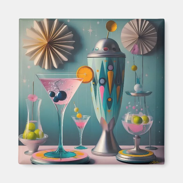 Mid Century Atomic Futuristiska Cocktail Time Magnet (Framsidan)
