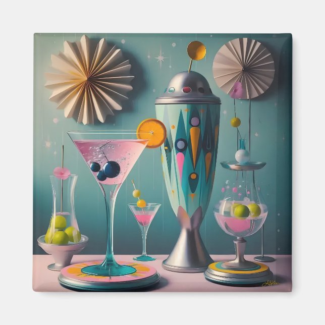 Mid Century Atomic Futuristiska Cocktail Time Magnet (Framsidan)