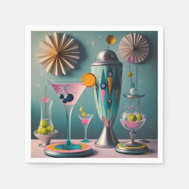 Mid Century Atomic Futuristiska Cocktail Time Pappersservett (Framsidan)