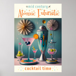 Mid Century Atomic Futuristiska Cocktail Time Poster