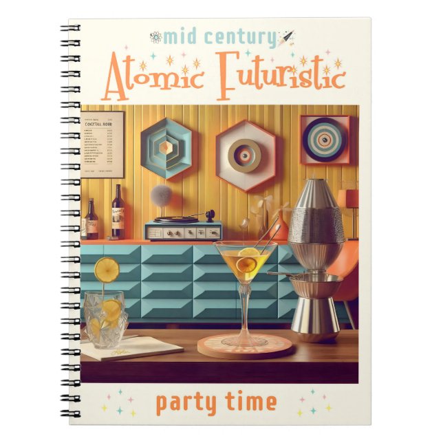 Mid Century Atomic Futuristiska Party Room Anteckningsbok (Framsidan)