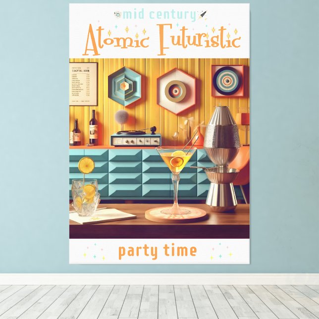 Mid Century Atomic Futuristiska Party Room Canvastryck (Insitu (trägolv))