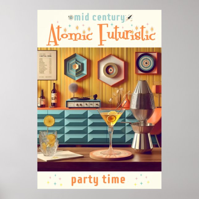 Mid Century Atomic Futuristiska Party Room Poster (Framsidan)