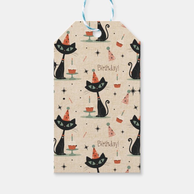     Mid-Century Atomic Katt Födelsedagsmönster  Presentetikett (Framsidan)