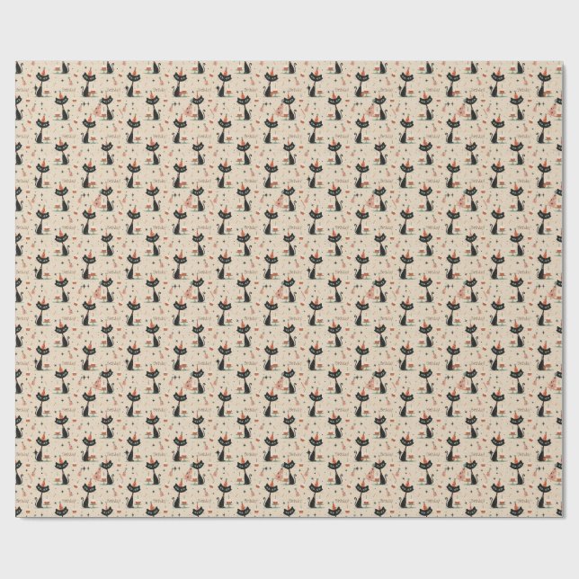     Mid-Century Atomic Katt Födelsedagsmönster  Presentpapper (Platt)