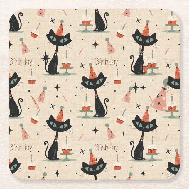     Mid-Century Atomic Katt Födelsedagsmönster  Underlägg Papper Kvadrat (Framsidan)