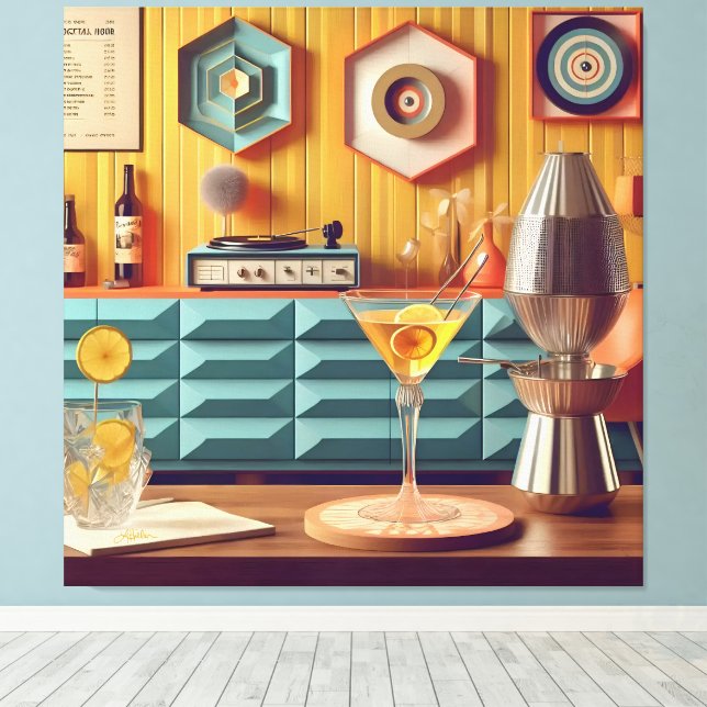 Mid Century Atomic Retro Futuristic Party Room Canvastryck (Insitu (trägolv))