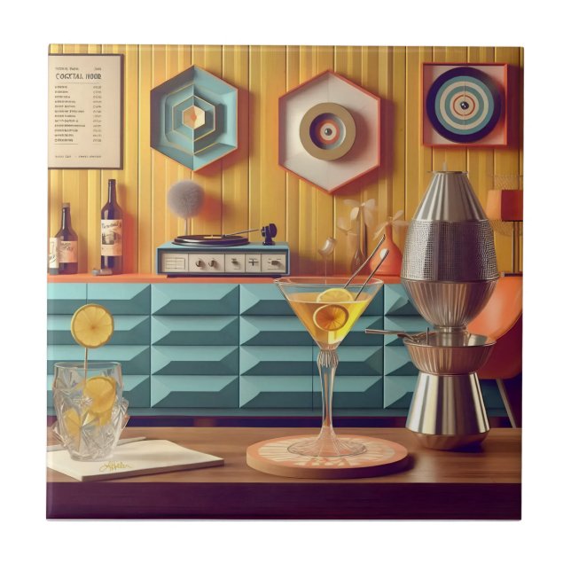 Mid Century Atomic Retro Futuristic Party Room Kakelplatta (Framsidan)
