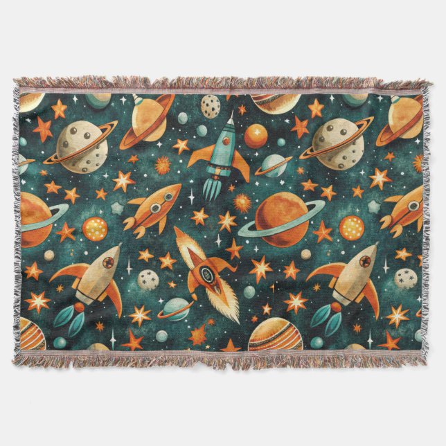 Mid Century Atomic Space Orange Teal Planet Filt (Framsidan)