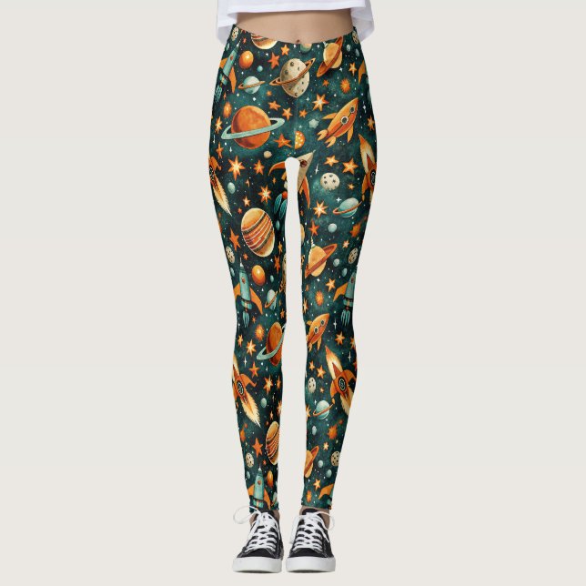 Mid Century Atomic Space Orange Teal Planet Leggings (Framsida)