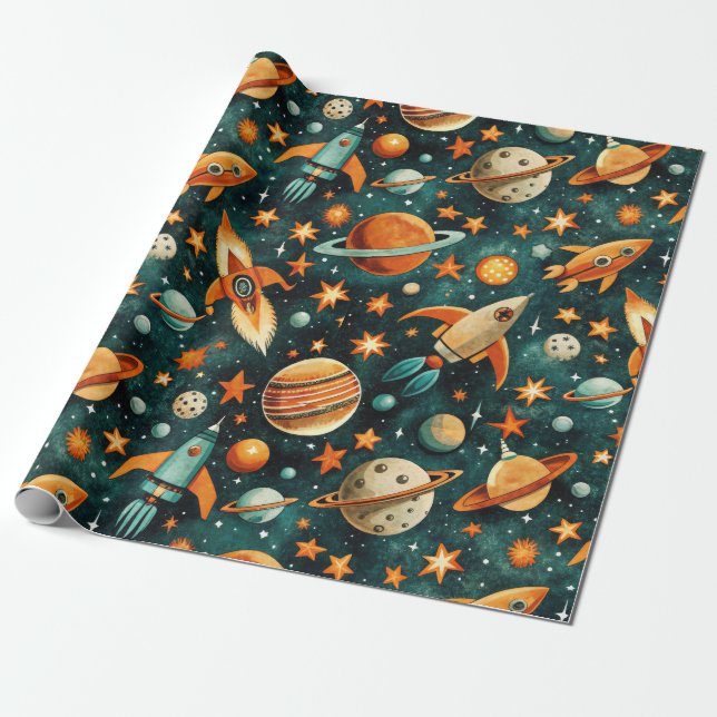 Mid Century Atomic Space Orange Teal Planet Presentpapper (Utrullad)