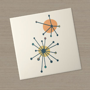 Mid Century Atomic Starburst Cream, Mörk Teal Kakelplatta