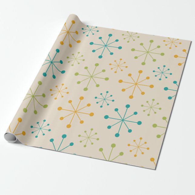 Mid Century Atomic Starburst Orange Teal Grön Presentpapper (Utrullad)