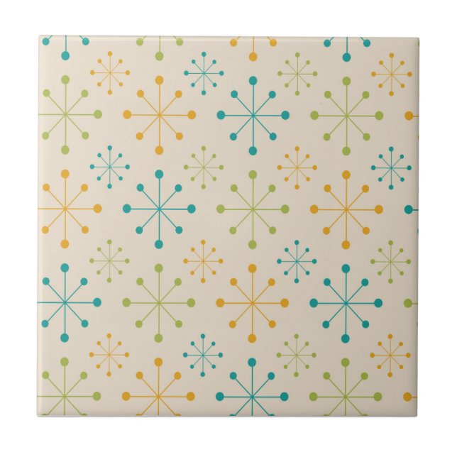 Mid Century Atomic Starburst Orange Teal Grönt Kakelplatta (Framsidan)