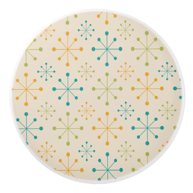 Mid Century Atomic Starburst Orange Teal Grönt Knopp (Framsidan)