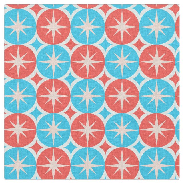 Mid Century Atomic Starbursts on Blue Red Circles Tyg (Närbild)