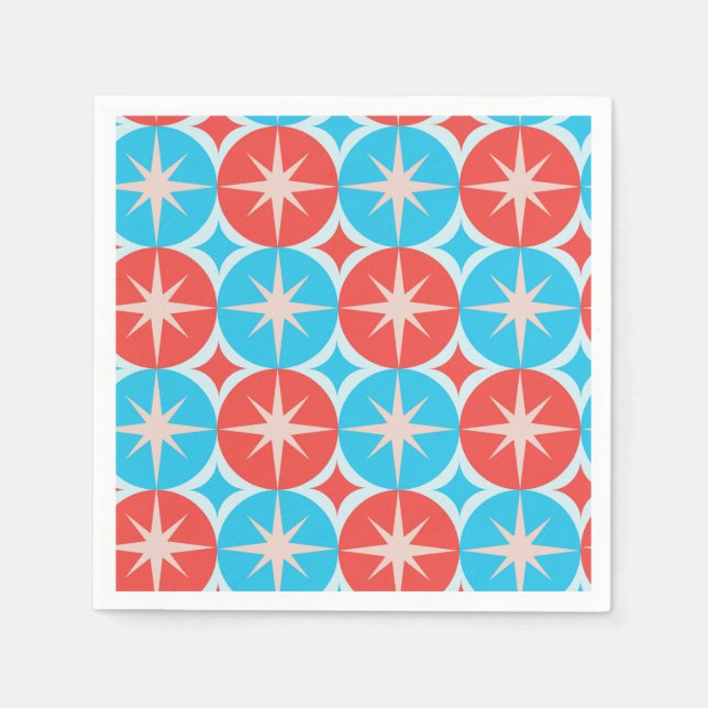 Mid Century Atomic Starbursts på blå röda cirklar Pappersservett (Framsidan)