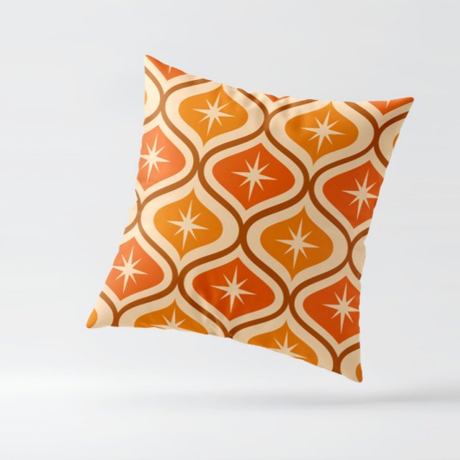 Mid Century Atomic Starbursts på Orange Ogee Kudde (mid century starbursts on orange and amber ogee throw pillow )