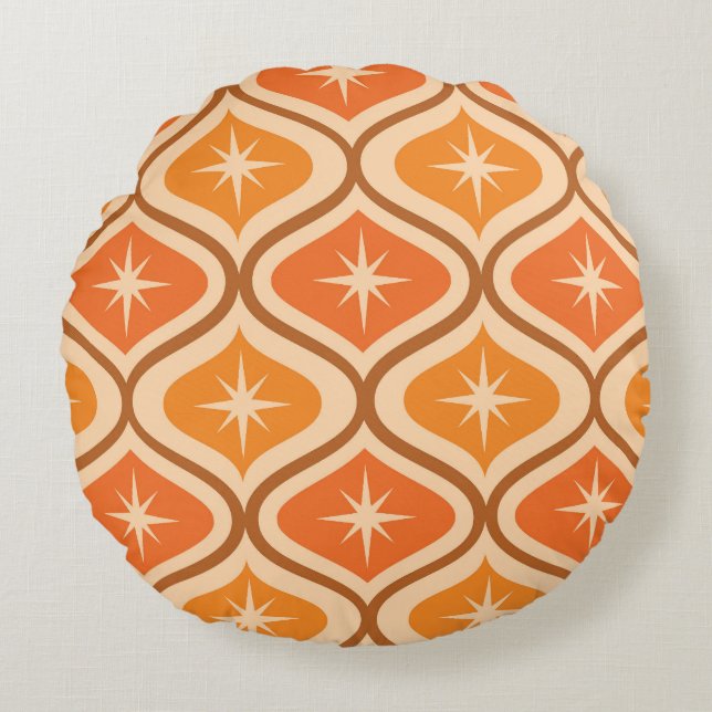 Mid Century Atomic Starbursts på Orange Ogee Rund Kudde (Framsidan)