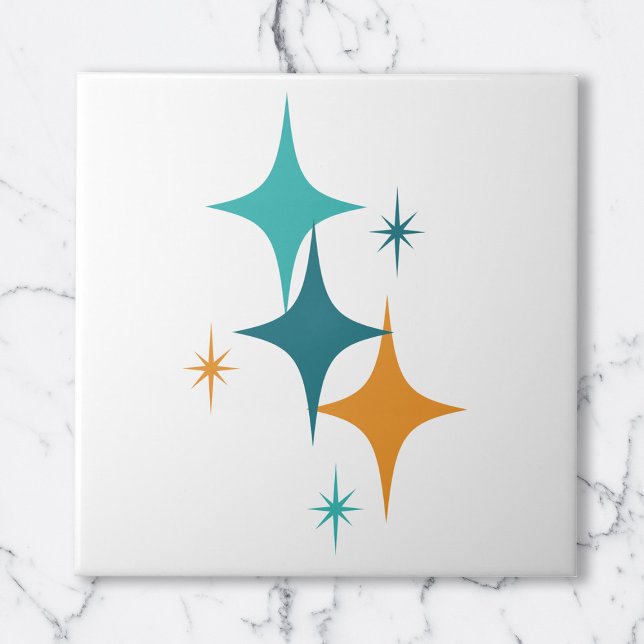 Mid Century Atomic Stjärnor Vit Teal Aqua Orange Kakelplatta (Mid Century Atomic Stars White Teal Aqua Orange Ceramic Tile)