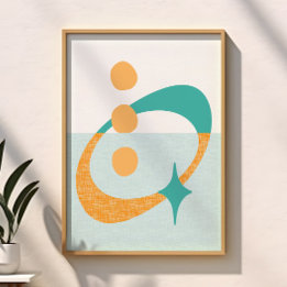 Mid Century Atomisk Abstrakt Aqua, Orange, Teal Poster