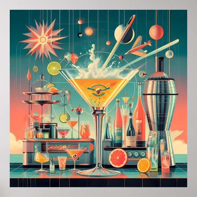 Mid Century Atomisk Futuristisk Citrus Martini Bar Poster (Framsidan)