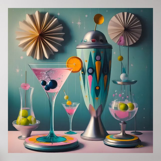Mid Century Atomisk Futuristisk Cocktailtid Poster (Framsidan)