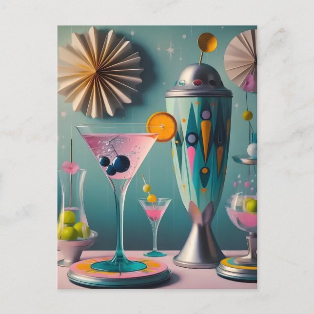 Mid Century Atomisk Futuristisk Cocktailtid Vykort (Framsida)