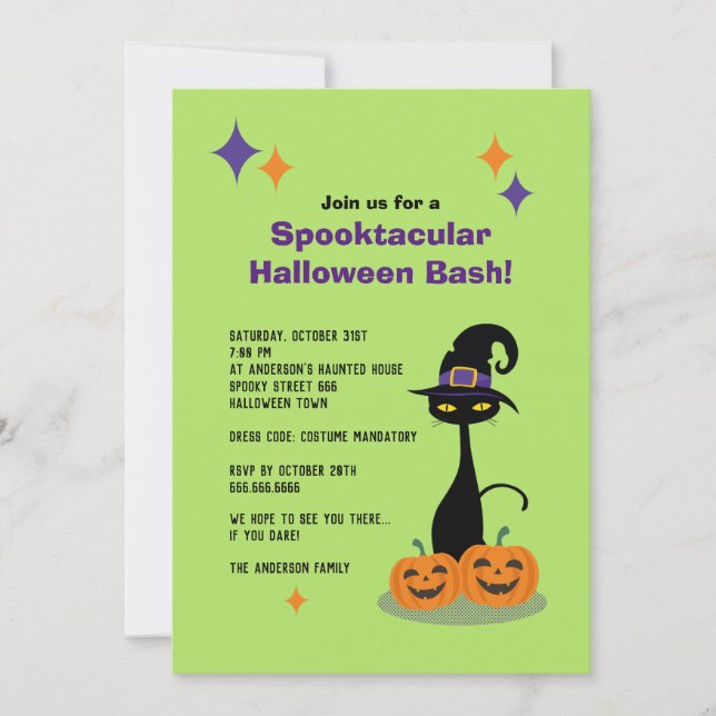 Mid-Century Atomisk Halloween Katt Inbjudningar (Framsida)