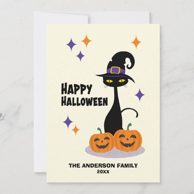 Mid-Century Atomisk Halloween Katt Julkort (Framsida)