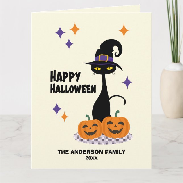 Mid-Century Atomisk Halloween Katt Kort (Framsida)
