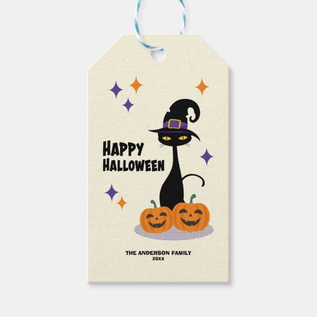 Mid-Century Atomisk Halloween Katt Presentetikett (Framsidan)