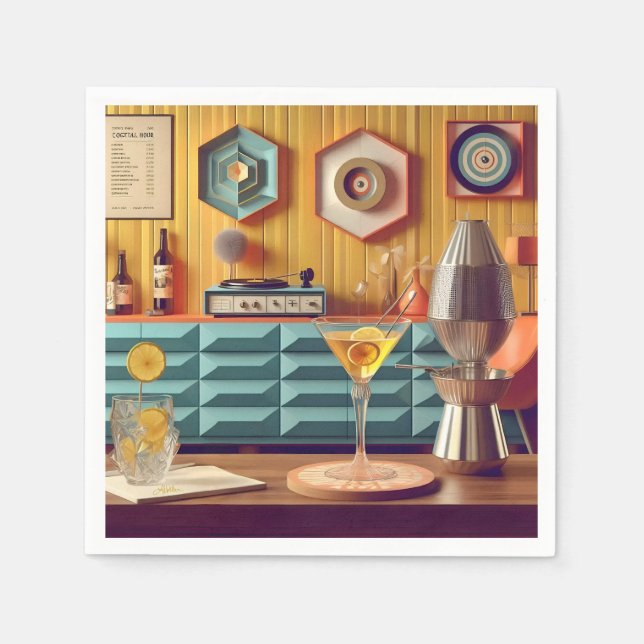 Mid Century Atomisk Retro Futuristisk Festlokal Pappersservett (Framsidan)