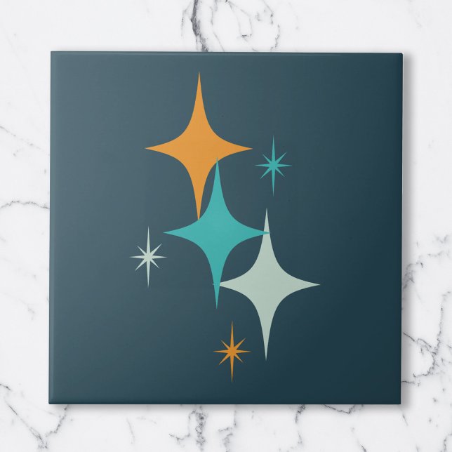 Mid Century Atomstjärnor Mörk Teal Aqua Orange Kakelplatta (Mid Century Atomic Stars Dark Teal Aqua Orange Ceramic Tile)