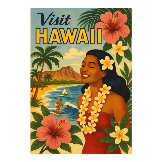 Mid Century Besök Hawaii Turism Konst Fototryck (Framsidan)