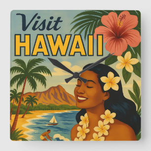 Mid Century Besök Hawaii Turism Konst Fyrkantig Klocka