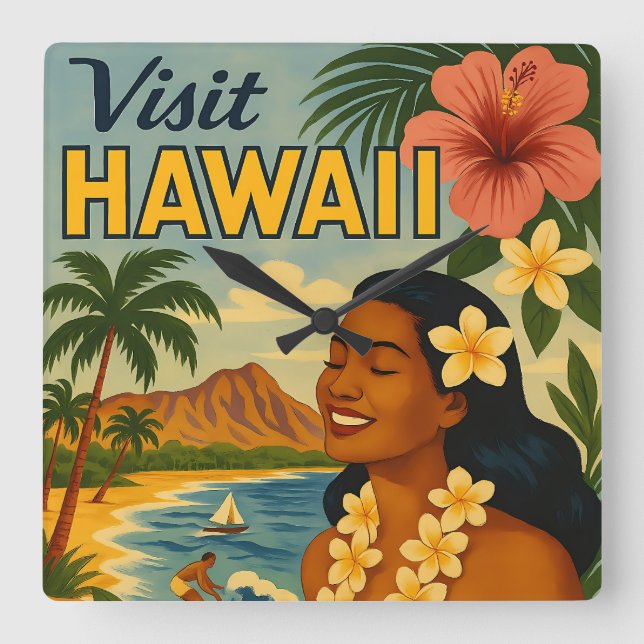 Mid Century Besök Hawaii Turism Konst Fyrkantig Klocka (Framsida)