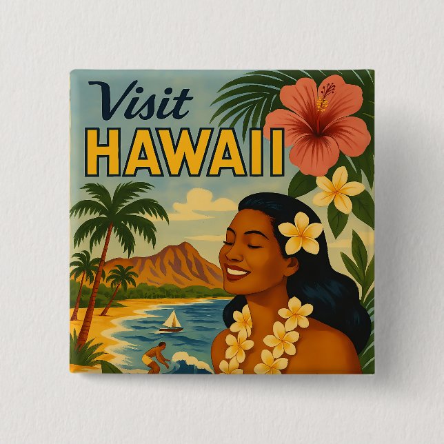 Mid Century Besök Hawaii Turism Konst Knapp (Framsida)