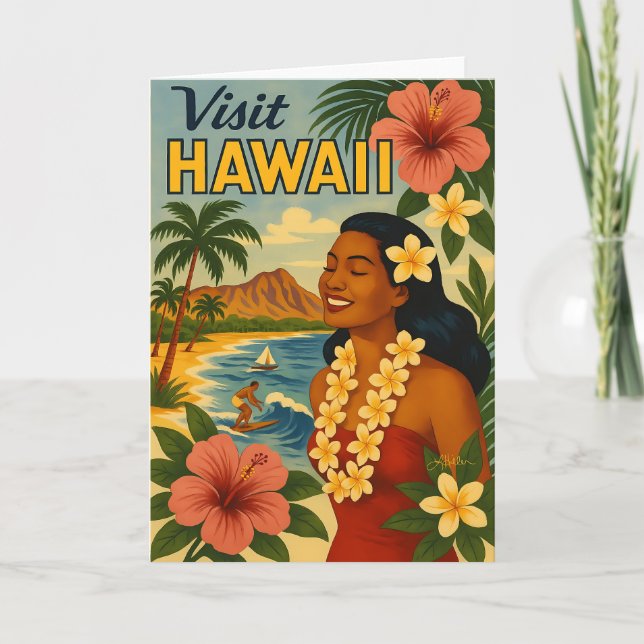 Mid Century Besök Hawaii Turism Konst Kort (Framsida)