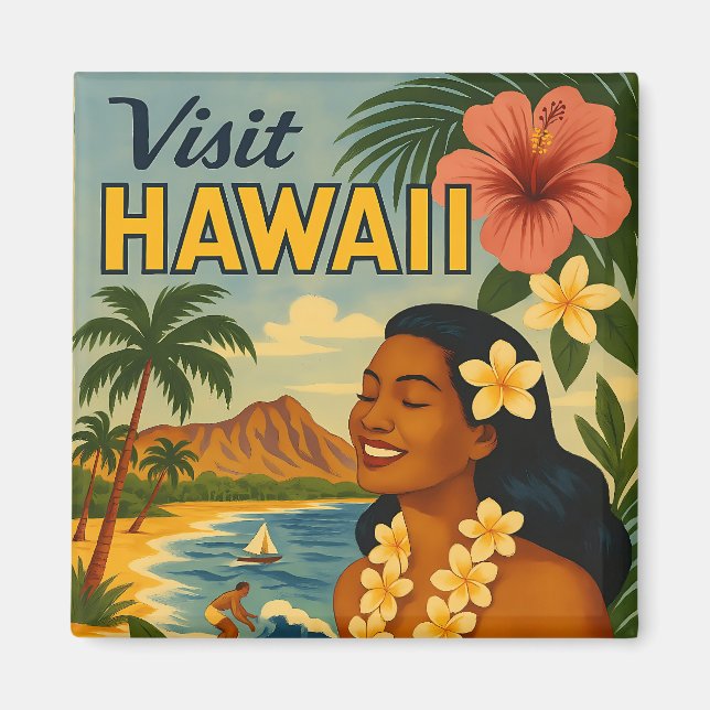 Mid Century Besök Hawaii Turism Konst Magnet (Framsidan)