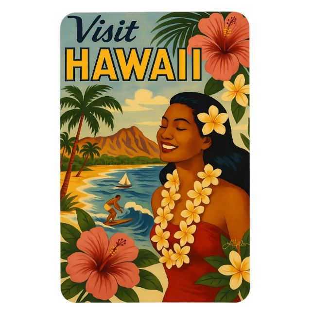 Mid Century Besök Hawaii Turism Konst Magnet (Vertikal)