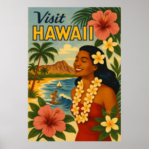 Mid Century Besök Hawaii Turism Konst Poster