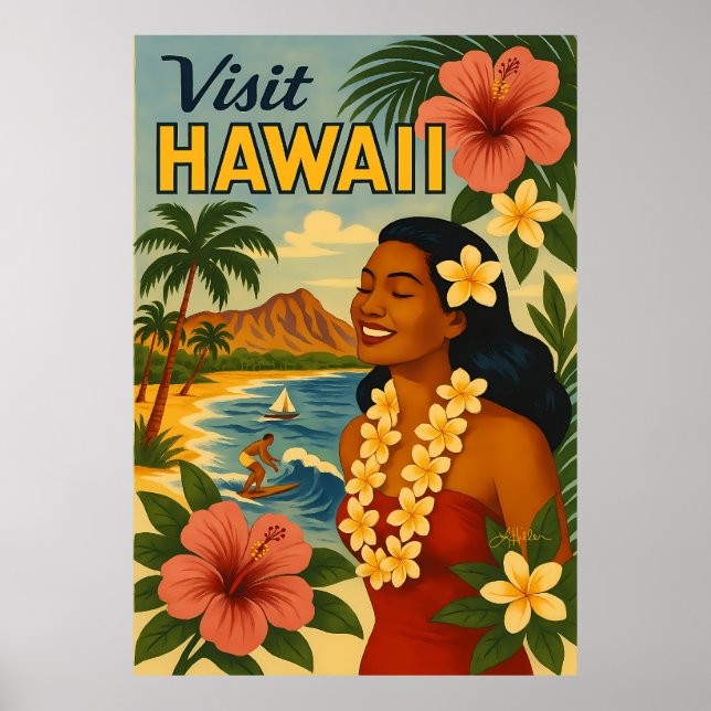 Mid Century Besök Hawaii Turism Konst Poster (Framsidan)