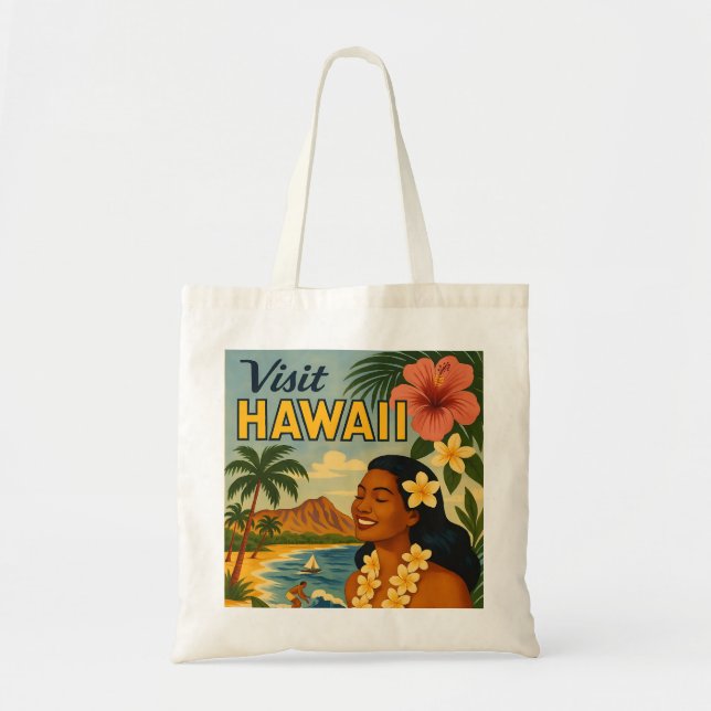 Mid Century Besök Hawaii Turism Konst Tygkasse (Framsidan)